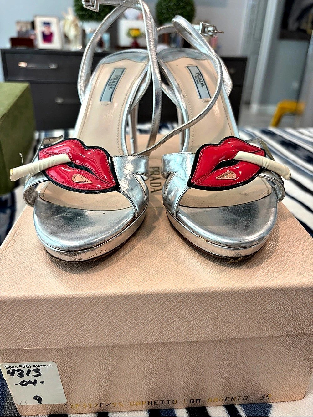 Prada Smoking Lips Slingback Sandals Silver & Red EU 39